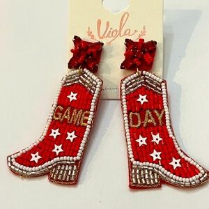 Red Beaded Boot Football Earrings